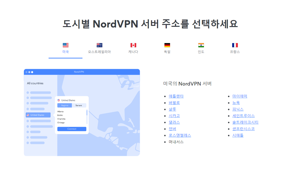 노드VPN 국가별 서버 주소 화면